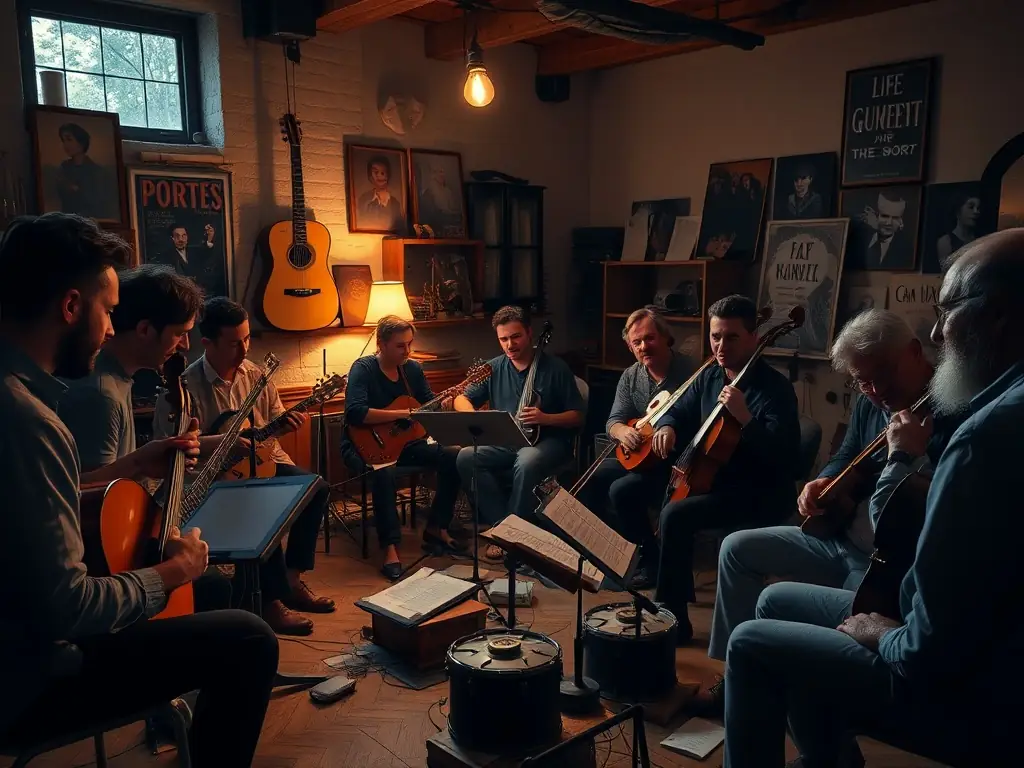 A dynamic image capturing a workshop session from the 'Artist Development Program', where musicians are collaborating and learning from experienced mentors in a creative environment.