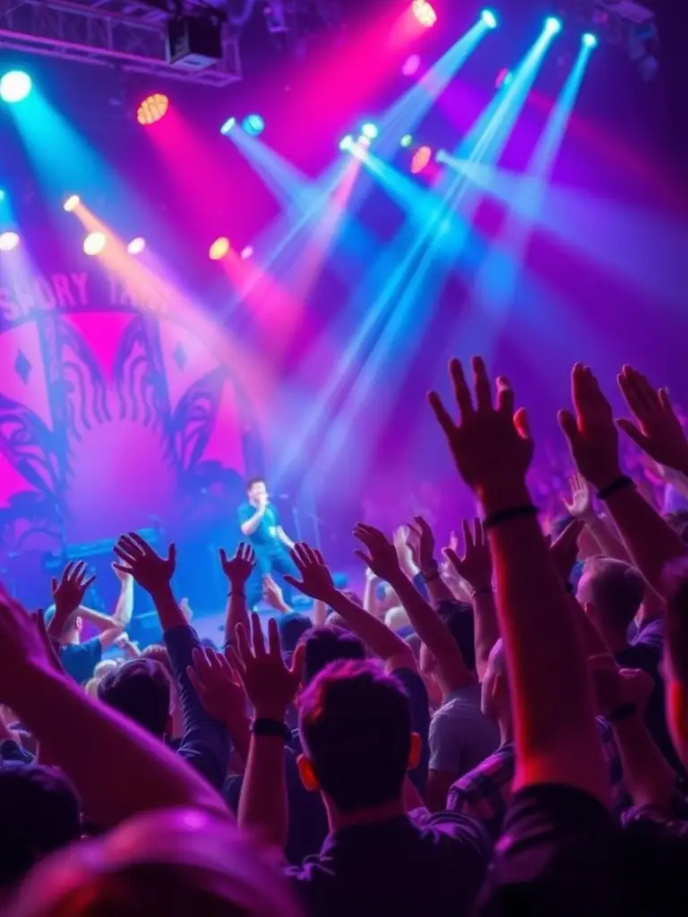 A high-quality image showcasing a live performance supported by CLE D'12, featuring contemporary musicians on stage and an engaged audience, emphasizing the organization's role in dissemination.