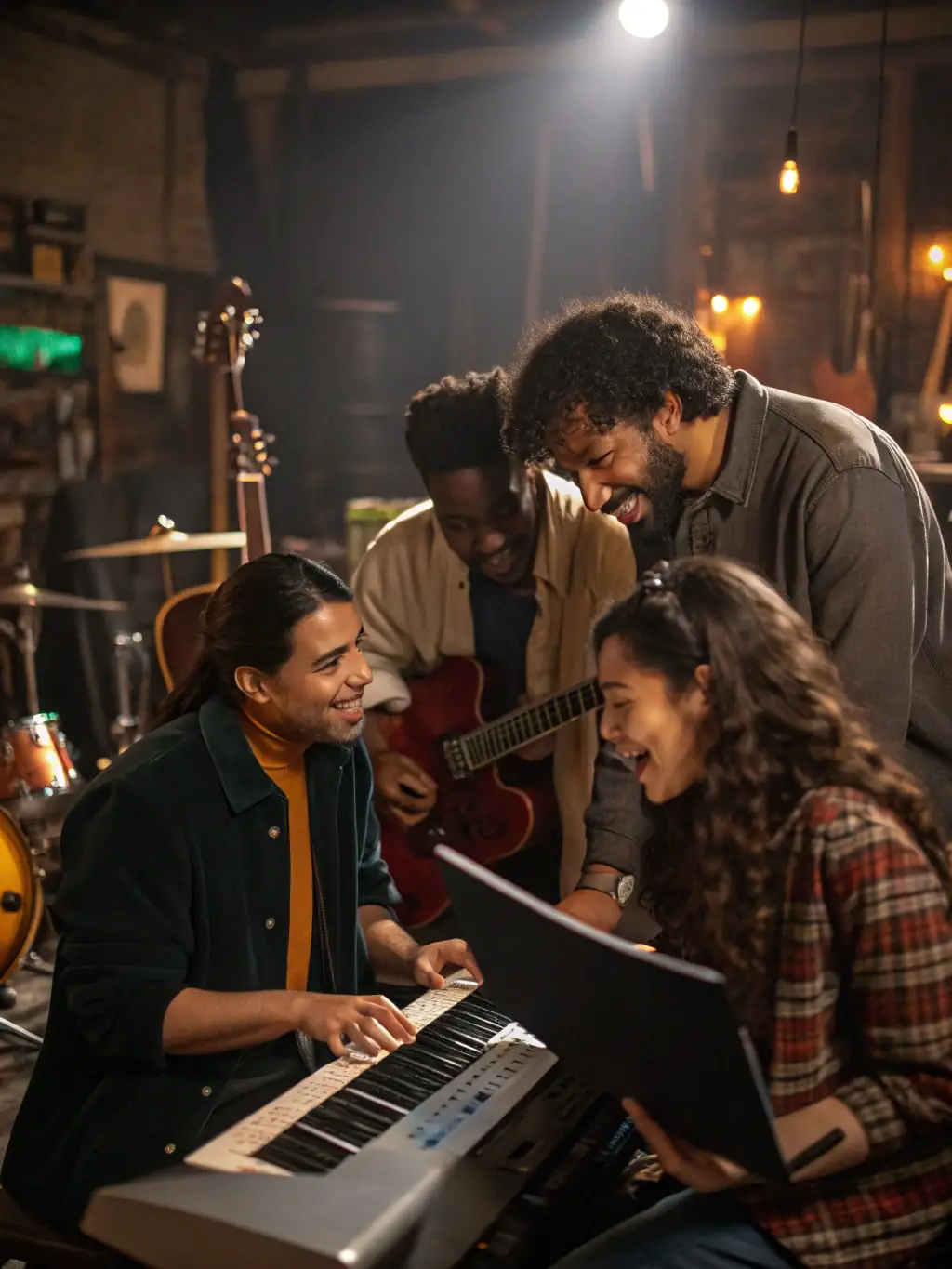 A vibrant photograph capturing a collaborative music workshop, with musicians of diverse backgrounds working together on a new composition, reflecting CLE D'12's commitment to artistic creation.