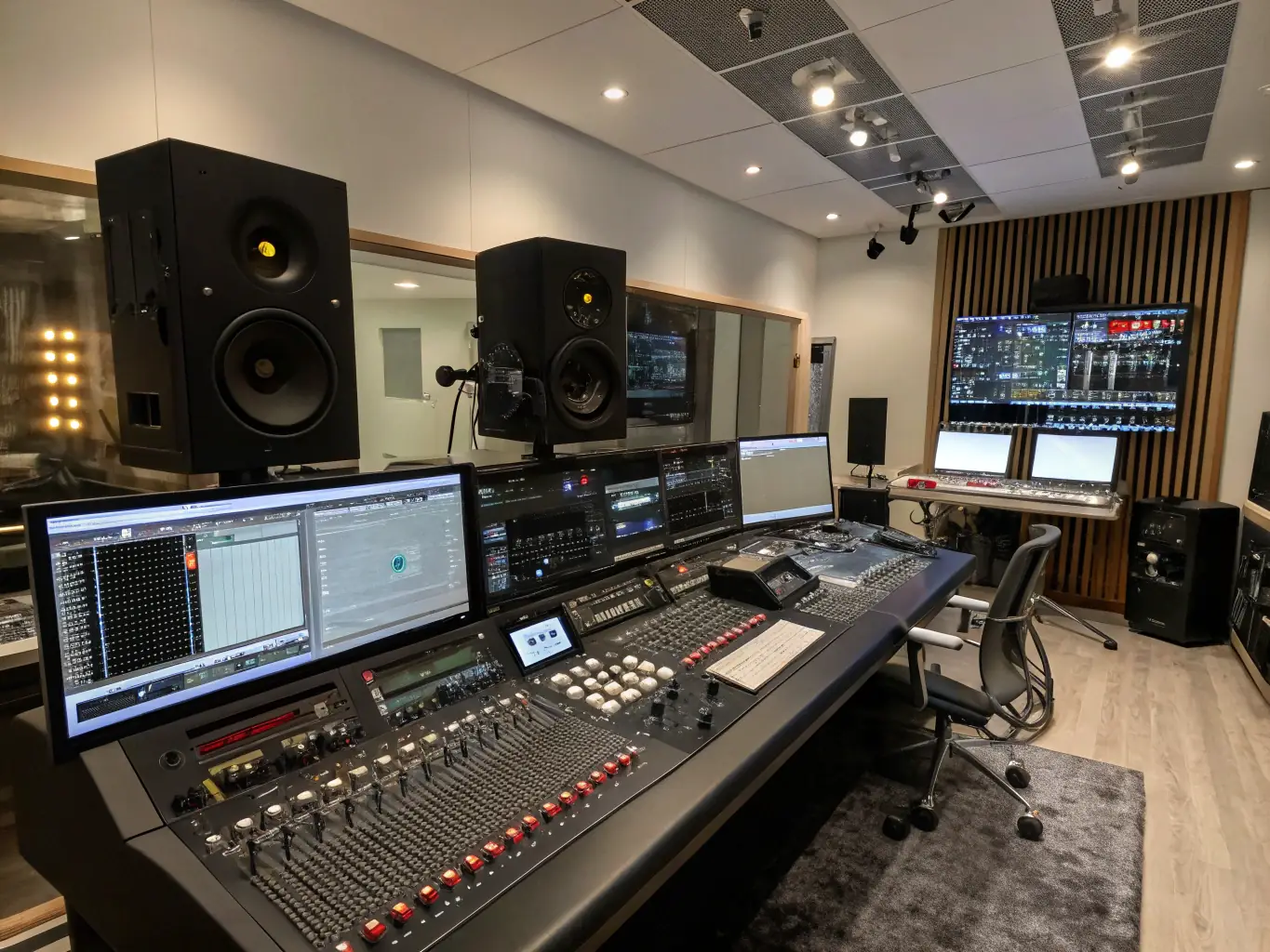A recording studio scene with a sound engineer and a contemporary musician working on a recording session, emphasizing the professional support CLE D'12 provides for music production.