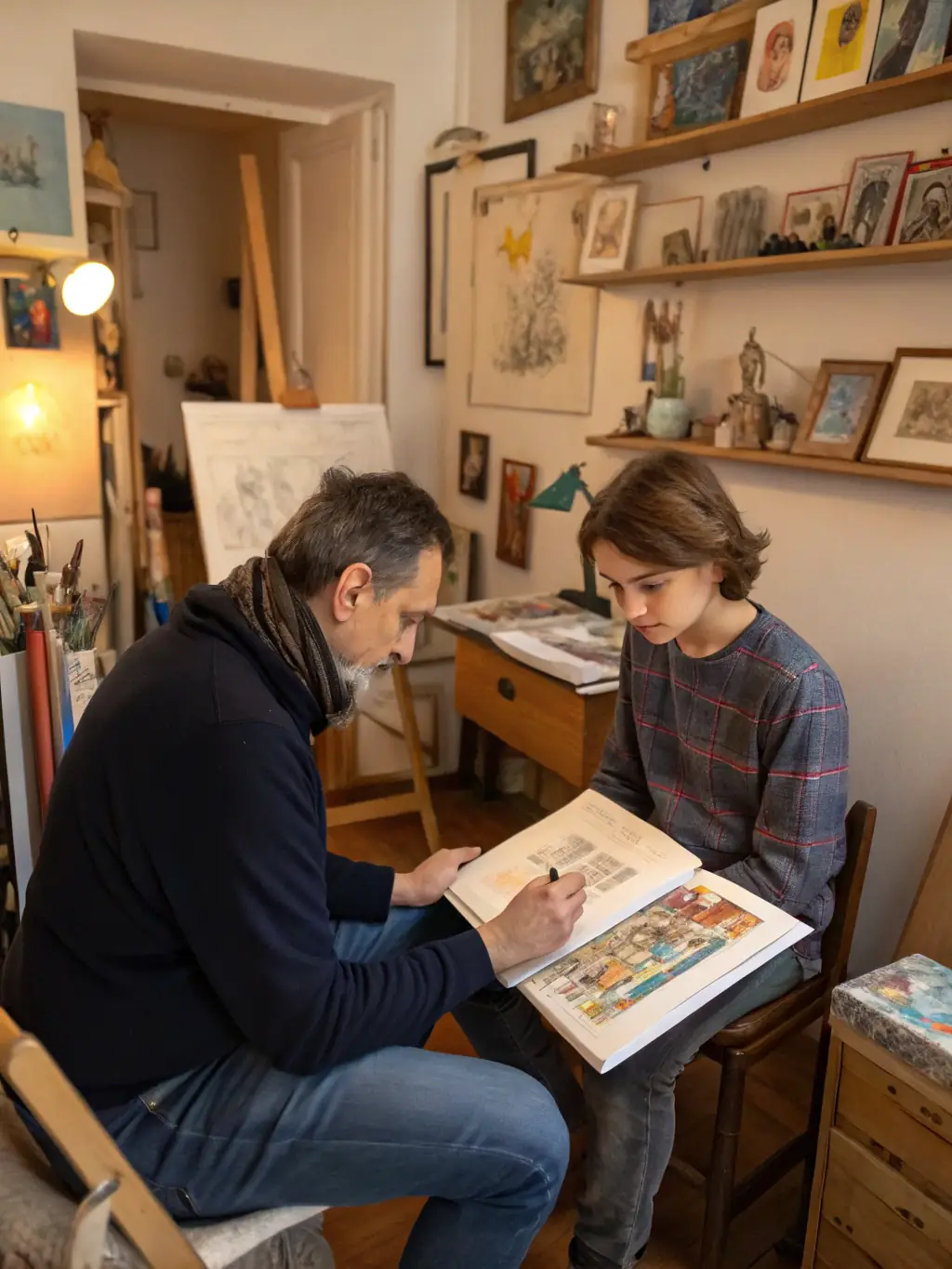 A photograph of a mentorship session, showing an experienced musician guiding an emerging artist, illustrating CLE D'12's commitment to nurturing talent.