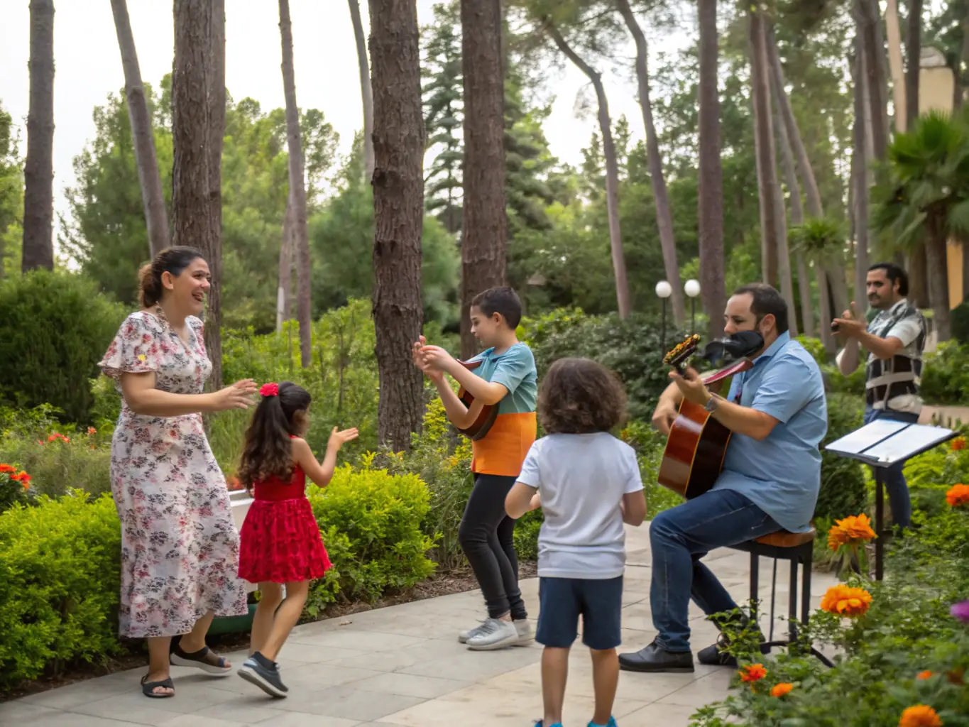 An engaging image depicting a community outreach event from the 'Music for All' initiative, with children and adults participating in interactive musical activities and enjoying the inclusive atmosphere.