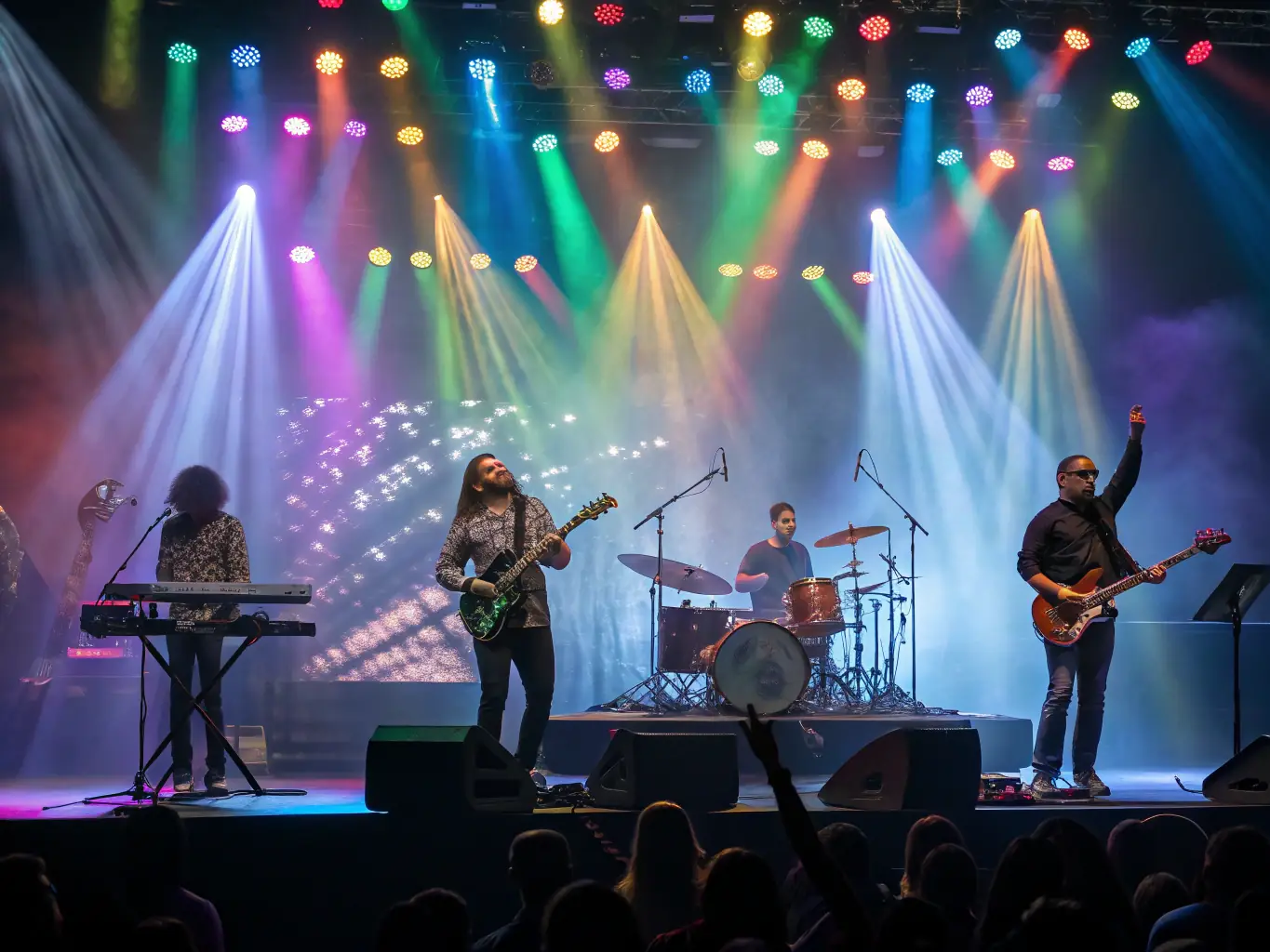 A vibrant image showcasing a contemporary music ensemble performing live on stage, bathed in colorful stage lighting, capturing the energy and passion of the performance.